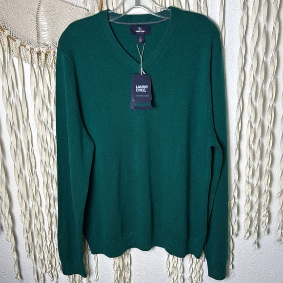Lands' End NWT Teal Green Men's V-Neck Cashmere Sweater Size Large - Picture 1 of 11
